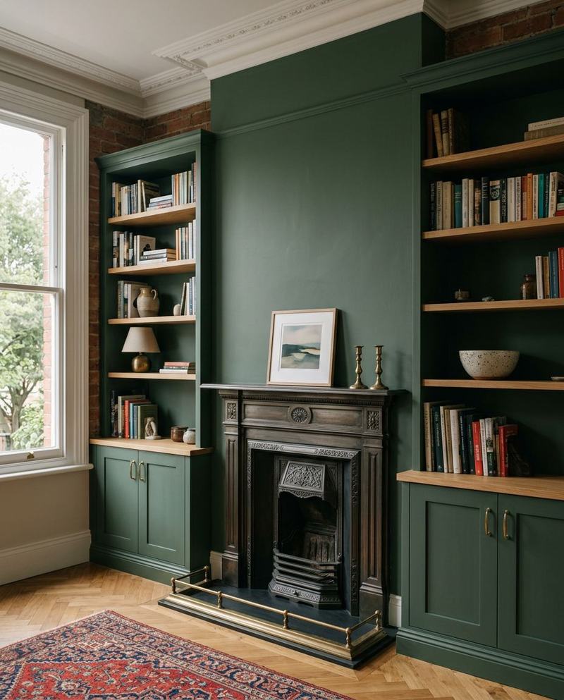 Built-in alcove shelving and cupboards painted deep green either side of a fireplace