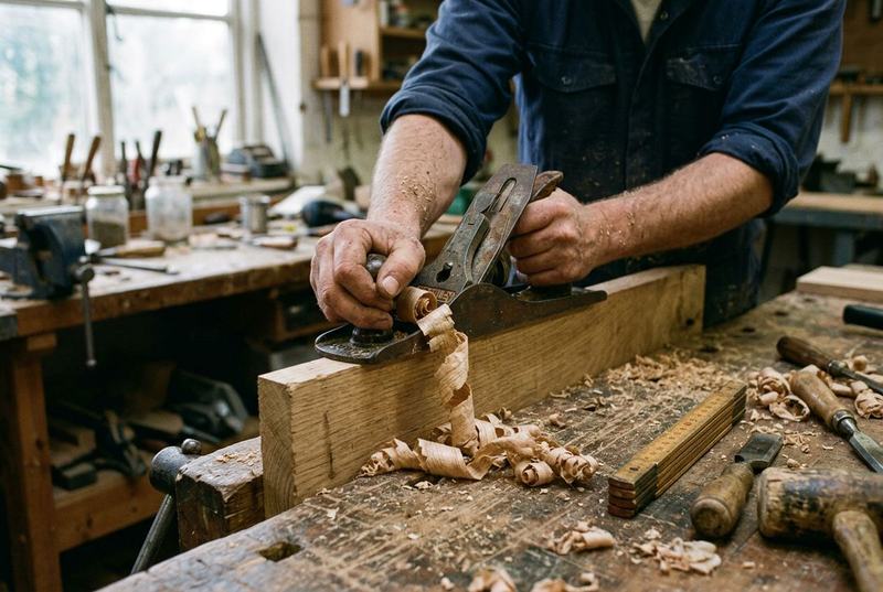 A carpenter planing the edge of an oak board on a workbench, shavings curling over the side