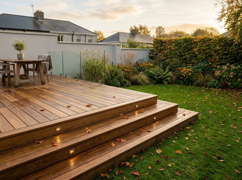 Hardwood deck with wide steps down to a lawn and recessed step lighting at sunset