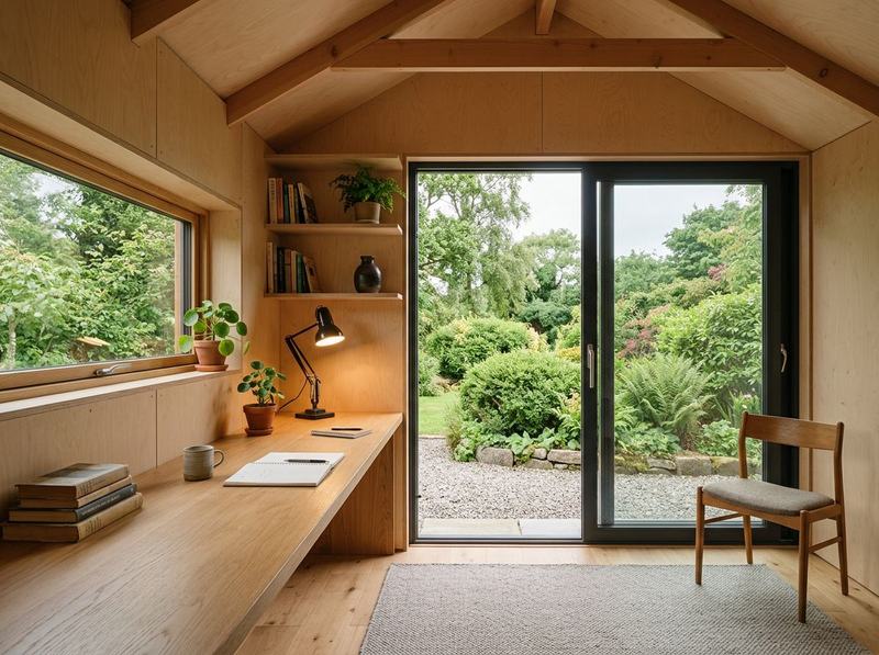 Interior of a timber garden office with a full-width oak desk and sliding doors to the garden