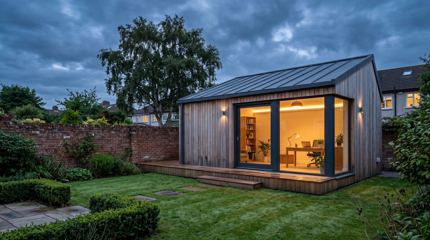 Cedar-clad garden room lit from within at dusk, at the end of a Dublin back garden