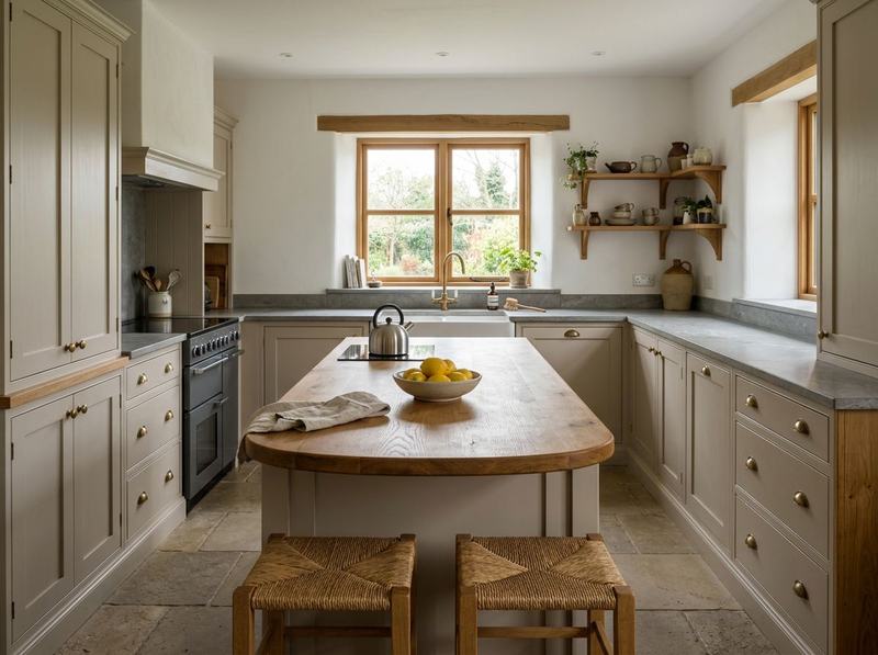 Handmade in-frame kitchen with painted cabinetry and a thick oak island worktop