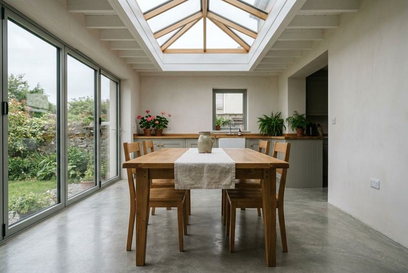 Handmade solid oak dining table beneath a roof lantern in a bright extension
