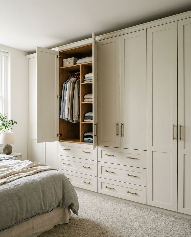Floor-to-ceiling fitted wardrobes with shaker doors and brass handles